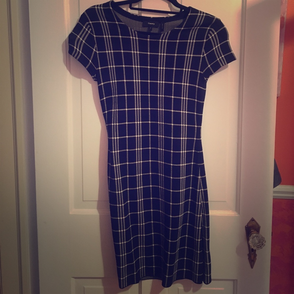 Petite Theory navy window pane check dress